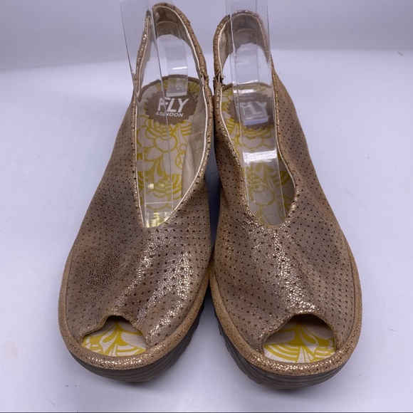 FLY London Yala Perf peep-toe wedge bronze Size 37 - Picture 2 of 5